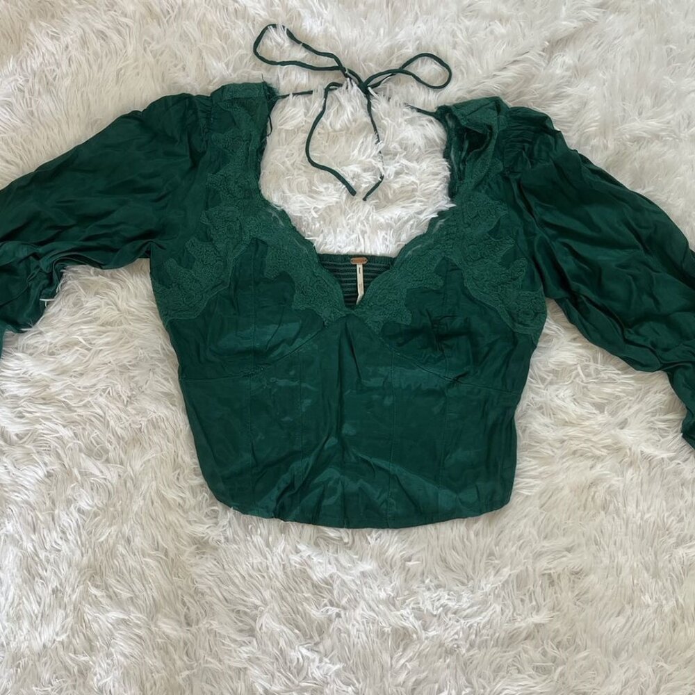 Free People Christmas Green Satin Lace Embroidered Cropped Blouse Size S